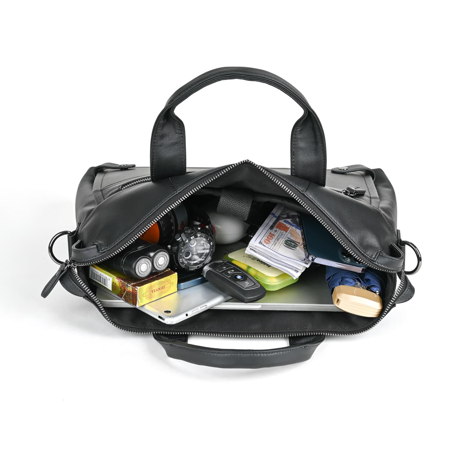 ブリーフケース 上質本革二重ジップ機能的ブリーフケース